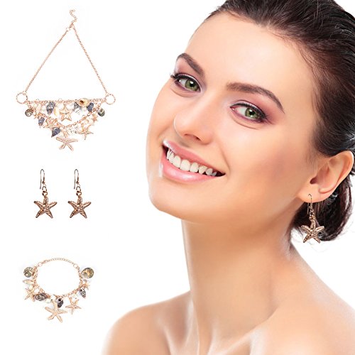 PH PandaHall Mermaid Jewelry Accessories for Women, Gold Starfish Necklace Bracelet Boho Seashell Jewelries Ocean Beach Bib Statement Necklace Earrings for Summer Cosplay Holiday - color: Gold Bracelet & Necklace & Earrrings + Gift Box