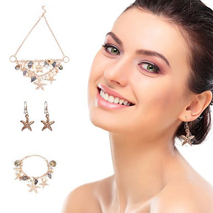 PH PandaHall Mermaid Jewelry Accessories for Women, Gold Starfish Necklace Bracelet Boho Seashell Jewelries Ocean Beach Bib Statement Necklace Earrings for Summer Cosplay Holiday - color: Gold Bracelet & Necklace & Earrrings + Gift Box