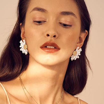 Gold Clip On Earrings for Women Trendy Non Piercing Flower Dangle Earrings Floral Earring 14K Gold Plated Lightweight Earrings for Non-Pierced Ears Fake Earrings Set - style: Daisy Flower