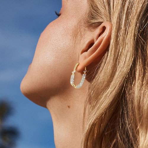 DREMMY STUDIOS Gold Dainty Huggie Hoop Earrings 18K Gold Plated Exquisite Open Tassel Dangle Charm Drop Sleeper Geometric Cross Coin Star Heart White CZ Simple Hypoallergenic Earrings for Women - color: U shaped-Hoop