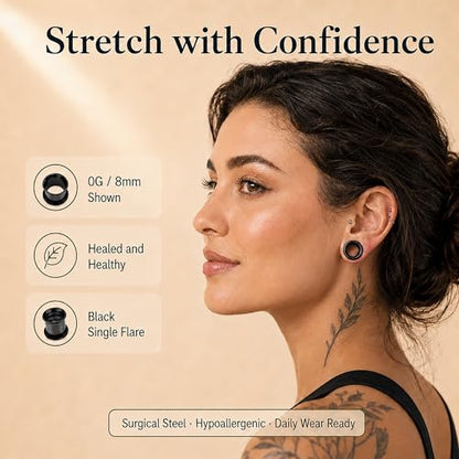 BodyJ4You 36PC Ear Stretching Kit - Complete Beginner Set 14G-00G | Gauges for Ears Stainless Steel Tapers Single Flare Plugs Tunnels - Dead Stretching Lobe Men Women Expander - color: Black, Single Flare