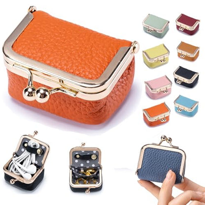 Genuine Leather Mini Jewelry Box & Coin Purse for Women, Travel Jewelry Case with Kiss Lock, Holds Earrings, Rings, Necklace, Bracelet, Coins (Orange) - color: Orange