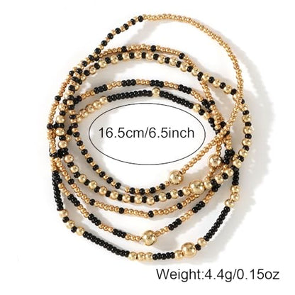Gold Small Ball Seed Bead Stackable Bracelets Set For Women, Stretch Accessories Handmade Dainty, Daily Party Friendship Gift - color: Black