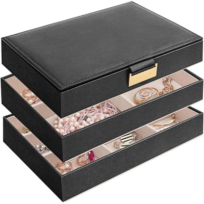 Stackable Jewelry Organizer Trays, 3-Layer jewelry drawer organizer, Perfect for Women and Girls to Store Necklaces, Rings, Bracelets, Earrings, Watches with Removable Dividers for Dresser & Vanity