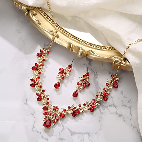 Women's Wedding Jewelry Set Leaf Flower for Bridal Prom Party | Stunning Crystal Teardrop Marquise Cluster Pendant Necklace Dangle Earrings Set for Bride Bridesmaid - color: 02-Ruby Color Gold-Plated-Base