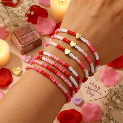 Gold Beaded Bracelets Stack for Women Stocking Stuffers 12PCS Boho Gold Plated Seed Beads Bracelet Stretch Star Stackable Accessories Jewelry Friendship Fall Christmas Gifts for Women - color: 7pcs- Pink Valentine Bracelet