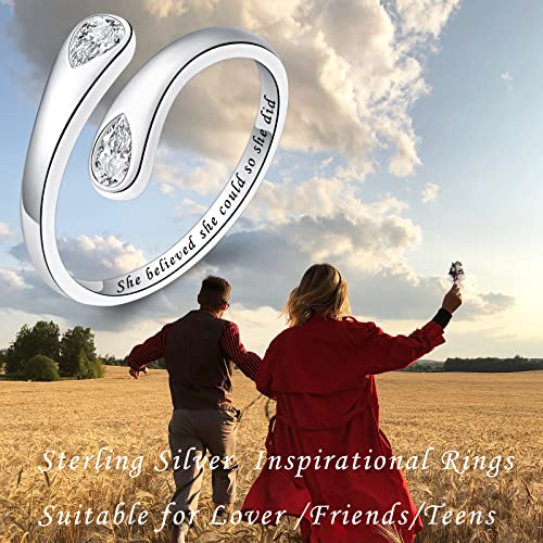 Fookduoduo 925 Sterling Silver Ring Inspirational Jewelry adjustable Wrap Open Rings for Women - style: She believed she could so she did, style 2