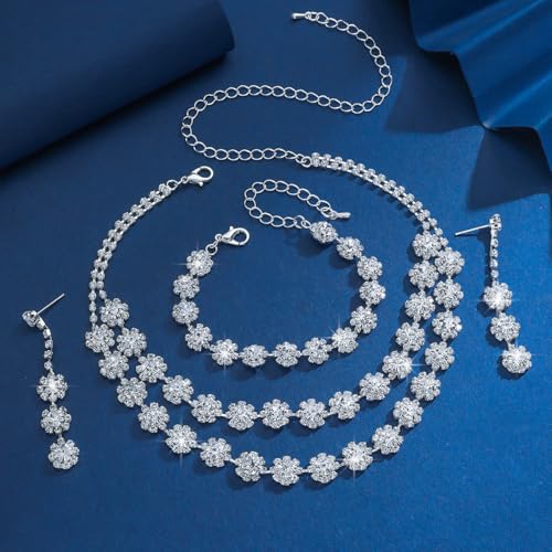 Rhinestone Bridal Wedding Jewelry Set，Crystal Necklace Earrings Bracelet Sets Formal Costume Jewelry for Women and Brides - color: SILVER