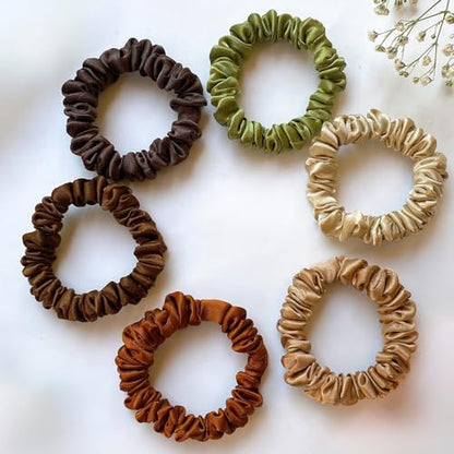 SILVR BEAR Luxury Satin Scrunchies, Soft Skinny Ponytail Holders for Thin Hair, Women, Girls and Men, Softer than Silk, 6 Pack (Earthy Skinny) - color: Earthy Skinny