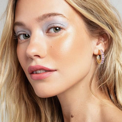 Trendy 14K Gold Plated Hoop Earrings for Women, Chunky Gold/Silver Earrings for Women Cubic Zirconia Baguette Hoop Earrings Heart Hoops Lightweight Hypoallergenic Jewelry,25mm/35mm/40mm/50mm - color: 01 Gold Purple Hoops 25mm