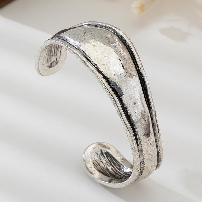 Handmade 925 Sterling Silver Bangle Bracelets For Women Irregular Hammered Cuff Bangles Texture Bangle Bracelets Open Adjustable Cuff Bangles For Women Wide Band Bangles Simple Statement Bangle Gifts - color: C