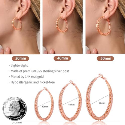 Senteria 925 Sterling Silver Post Twisted Hoop Earrings for Women 30-50MM | Hypoallergenic Large Silver Hoop Earrings for Women,Lightweight Thick Weave Braid Hoops,Nickel Lead-Free for Sensitive Ears - color: 30mm rose gold