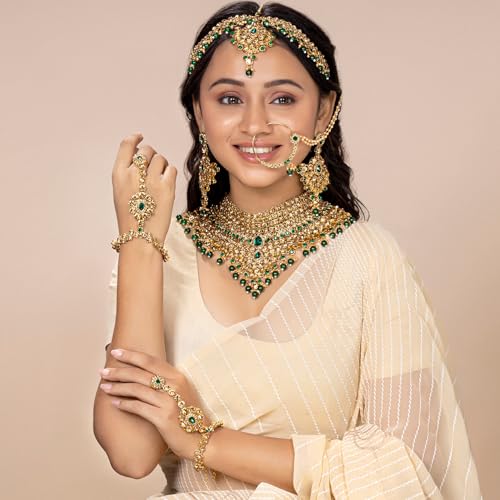 Aheli Bollywood Style Indian Bridal Choker Necklace Matha Patti Nose Ring Haath Phool Wedding Fashion Bharatanatyam jewellery set for Women - color: Champagne-Green