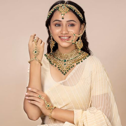 Aheli Bollywood Style Indian Bridal Choker Necklace Matha Patti Nose Ring Haath Phool Wedding Fashion Bharatanatyam jewellery set for Women - color: Champagne-Green