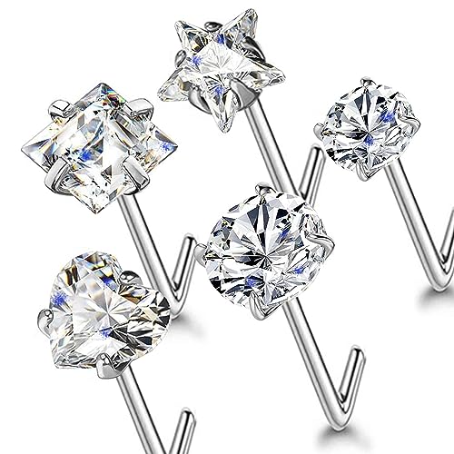 14k Gold Plated 316L Surgical Steel 22g/20g/18g Nose Rings Studs L-Shape Bone Screw Nostril Piercing 1.5mm 2mm 2.5mm 3mm 3.5mm 4.5mm CZ Nose Studs for Women - color: 18g 5pcs L Silver 316L Surgical Steel