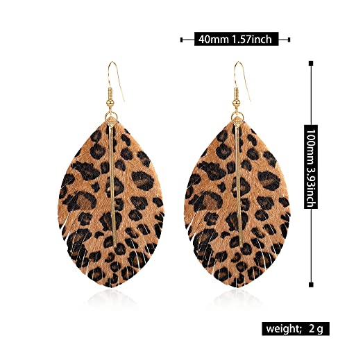 YUNXI Large Genuine Soft Leather Handmade Fringe Feather Lightweight Leaf with Simple Drop Metal Bar Tear Drop Dangle Color Earrings for Women - color: Leopard