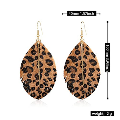YUNXI Large Genuine Soft Leather Handmade Fringe Feather Lightweight Leaf with Simple Drop Metal Bar Tear Drop Dangle Color Earrings for Women - color: Leopard