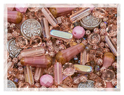 2.1oz (60 g) Mix of Unique Czech Bohemia Glass Pressed Beads, Dirty Pink Antique, Table Cut, Matte and Glossy, Faceted Fire Polish, Hand Made Set Kit BCV - color: Antique Dirty Pink