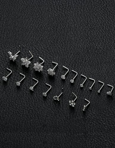 17Pcs Nose Rings Studs 20G Surgical Stainless Steel L Corkscrew Bone Shaped Nose Studs Butterfly Flower Heart Star Square Round CZ Nostril Piercing Jewelry for Women Silver Plated - style: A:L Shaped