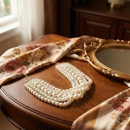 5 Layers Round Imitation Pearl Choker Necklace, Vintage White Multi-Strand Pearlchoker Necklaces for Women Bridal Wedding Party