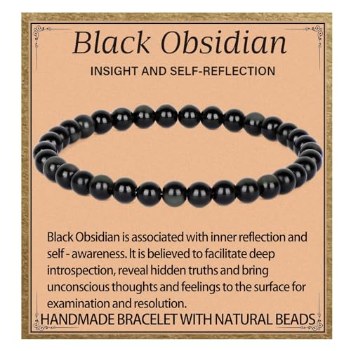 LPBeads Handmade Natural Gemstone Stretch Elastic Bracelet Healing Crystal Round Stone Beads Jewelry Gifts for Women Men - color: Black Obsidian, size: 6mm