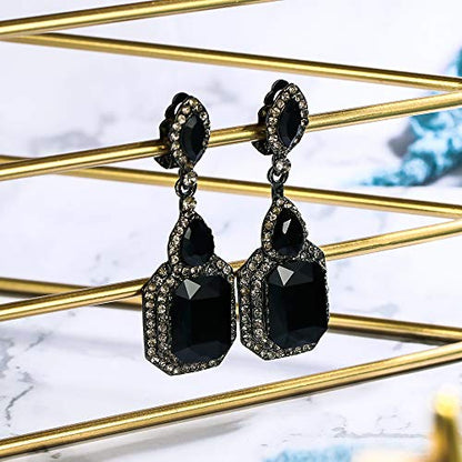 Women's Wedding Bridal Crystal Emerald Cut Infinity Figure 8 Chandelier Clip-On Dangle Earrings - color: New Black Black-Tone