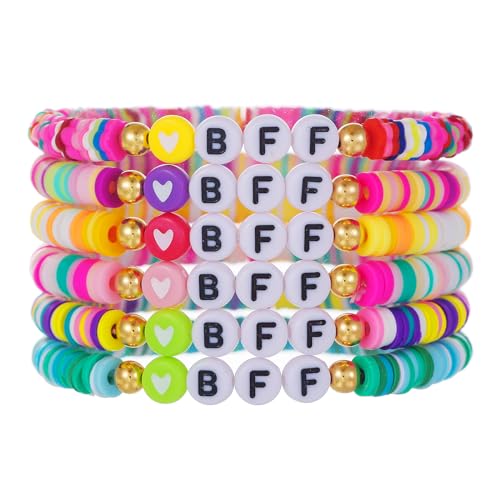 Friendship Bracelets for Women - Heishi Surfer Colorful Smile Evil Eye Clay Beaded Stretch Bracelets Elastic Layering - Stackable Boho Disc Y2K Aesthetic Summer Jewelry Set. - color: D-BFF