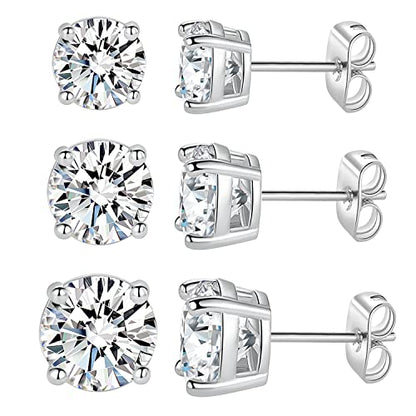 18K White/Yellow Gold Plated Stud Earrings for Men Women 4 Prong Graduated Round Clear Cubic Zirconia Hypoallergenic Earrings Set 3-8MM - color: White Gold Plated, size: Pack-3/4/5MM