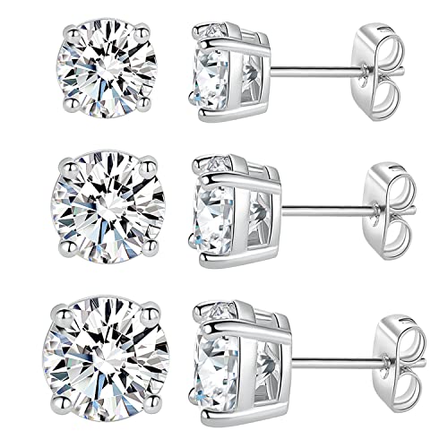 18K White/Yellow Gold Plated Stud Earrings for Men Women 4 Prong Graduated Round Clear Cubic Zirconia Hypoallergenic Earrings Set 3-8MM - color: White Gold Plated, size: Pack-3/4/5MM