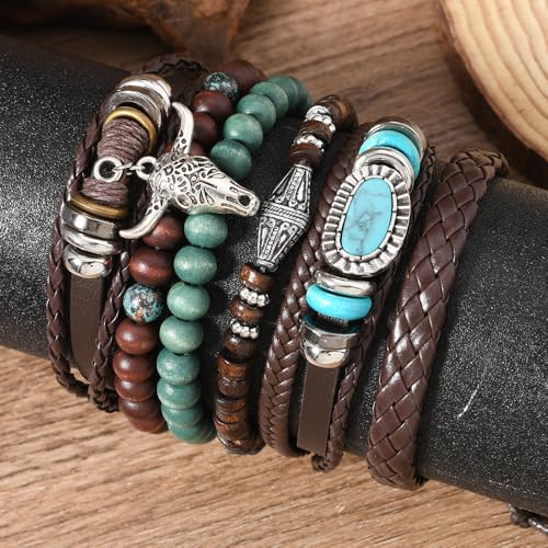 LOTSOF Western Turquoise Beaded Bracelet, Chic Stack Beaded Western Style for Country Concerts, Cowgirl Outfits & Boho Jewelry - color: 6 PCS Cow Head Bracelets