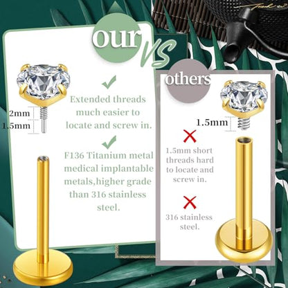 Gotumo 20G 18G 16G Flat Back Earrings Stud Nose Ring Titanium Internal Thread Tragus Labret Cartilage Lip Medusa Conch Body Piercing Jewelry Nose Stud Hypoallergenic for Women Men - color: Silver, size: 20G Bar-6/7/8mm & CZ-2/3/4mm