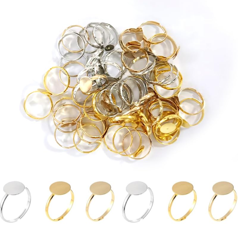 60 Pcs Adjustable Ring Blanks for Jewelry Making, 3-Color Stainless Steel Flat Base Craft Rings for DIY, 20Pcs Each in Silver Gold Rose Gold