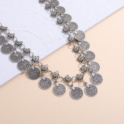 CHIC DIARY Metal Chain Belt for Women Coin Belly Link Tassel Belt for Dress | Boho Style Coin Pendant Tassel Belt Gold/Silver Adjustable Concho Belly Dance Belts for Dresses Skirts Jeans - color: Silver