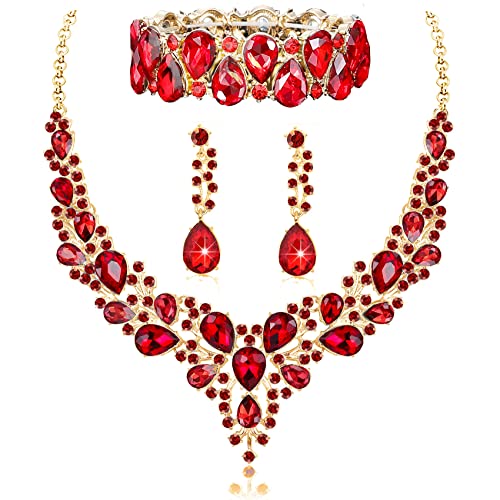 Rhinestone Bridal Jewelry Sets for Women Crystal Necklace Earrings Bracelet Set Silver-Tone Wedding Bridal Bridesmaid Gifts fit with Wedding Dress - color: B:3pcs-Red Tone Necklace + Earrings + Bracelet set