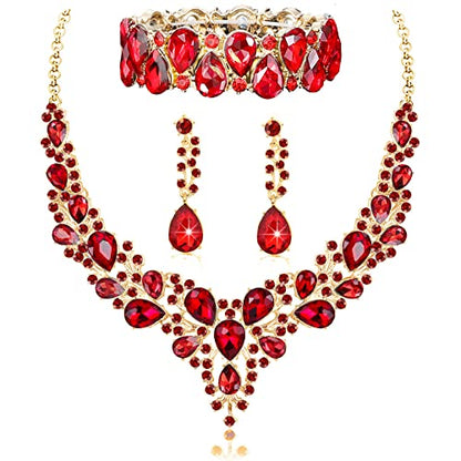 Rhinestone Bridal Jewelry Sets for Women Crystal Necklace Earrings Bracelet Set Silver-Tone Wedding Bridal Bridesmaid Gifts fit with Wedding Dress - color: B:3pcs-Red Tone Necklace + Earrings + Bracelet set