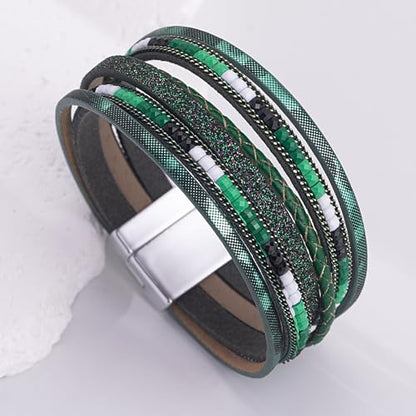 Boho Layered Leather Wrap Bracelets Chunky Western Country Hippie Jewelry | Stackable Bohemian Cowgirl Magnetic Clasp Cuff Bangle Set Fashion Stack Statement Festival Trendy Jewelry Gifts for Women - color: Green