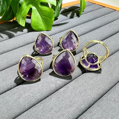 Crystal Ring for Women, Natural Rose Quartz Green Fluorite Ring for Her, Teardrop Shape Gemstone Ring, Handmade rose quartz Jewelry Adjustable Ring. - color: Amethyst