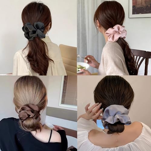Big Satin Scrunchies for Women, 5.2 Inches Large Scrunchie, Silk Elastic Ponytail Holders for Girls, Jumbo Hair Ties for Thick/Curly Hair, Soft Scrunchy No Crease No Pilling, 4 Pack - color: Black+Coffee