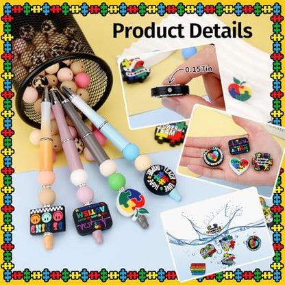 12pcs Autism Silicone Focal Beads for Pens | Focal Beads for Keychain Making,Pens,Bracelet,Necklace Crafts,Bulk Silicone Beads for DIY（Autism） - color: Autism