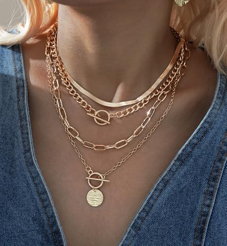 iF YOU Vintage Gold Layered Necklaces for Women Trendy, Chunky Cuban Link Paperclip Chains Necklace Stack, Coin Pendant Necklace Set Jewelry Gifts - style: 4-layer gold snake necklaces
