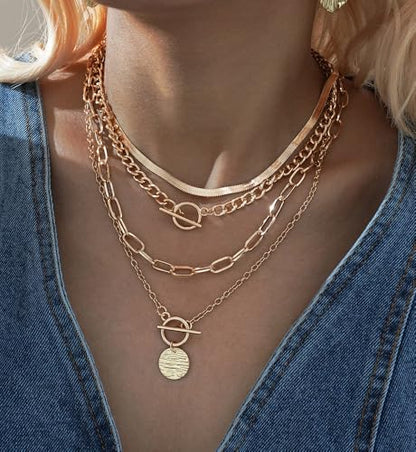 iF YOU Vintage Gold Layered Necklaces for Women Trendy, Chunky Cuban Link Paperclip Chains Necklace Stack, Coin Pendant Necklace Set Jewelry Gifts - style: 4-layer gold snake necklaces
