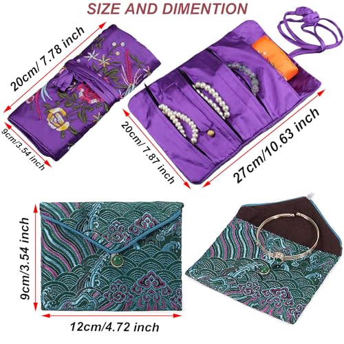 2pcs Embroidery Jewelry Roll Bags with Silk Purse Pouch Damask Cloth Brocade Organizer with Snap Button and Zipper Small Gift Bags for Travel Storage in Blue - color: 04 D Blue