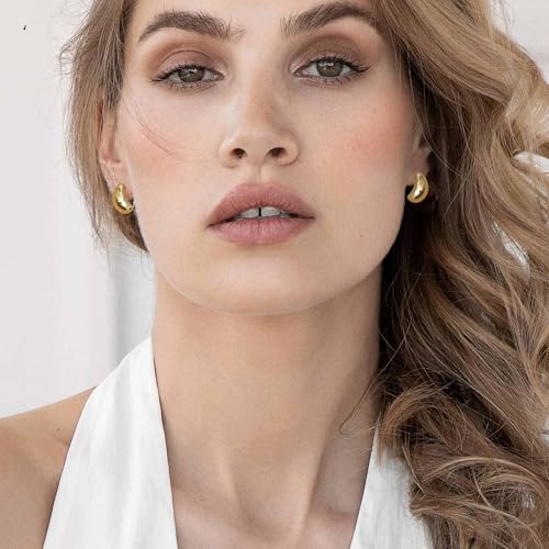 Small Chunky Gold Hoop Earrings For Women, 14k Gold Thick statement huggie hoop earrings Trendy Hoop Earrings Set Hypoallergenic Fashion Earrings - color: Gold -Bean