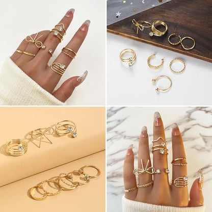 HUASAI Gold Stackable Rings Set for Women Boho Dainty Moon Star Pearl Leaf Cubic Zirconia Heart Midi Pinky Trendy Jewelry Birthday Gifts - color: Z16 Gold Bow Rings 8 Pcs