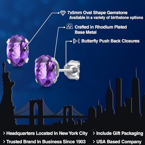 Gem Stone King Oval Gemstone Birthstone Stud Earrings for Women Men | Oval Cut 7X5MM | Fine Jewelry Gifts for Mom Dad Wife Him Her - style: Amethyst-Checkerboard, February