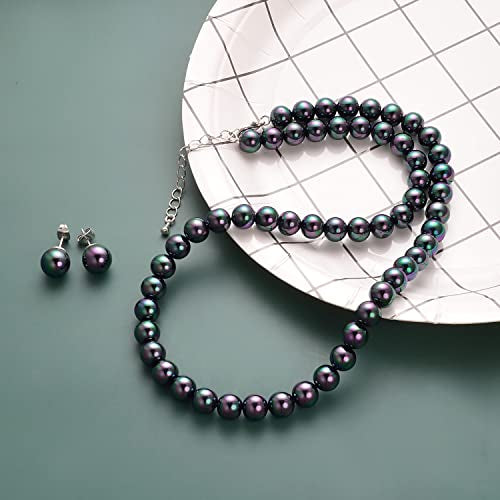 8mm 10mm Faux Pearl Necklace Earrings Set for Women White Black Round Glass Pearl Wedding Jewelry Gifts - color: Black Pearl-Ear Stud Set, size: 8mm