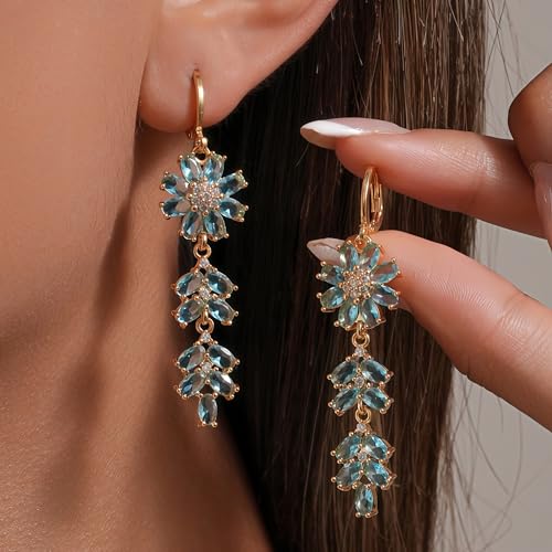 18K Gold Plated Flower Dangle Earrings for Women, Hypoallergenic Cubic Zirconia Earrings, Elegant CZ Drop Earrings, Statement Jewelry Gifts Party Fashion - style: 5297-Flower-Blue