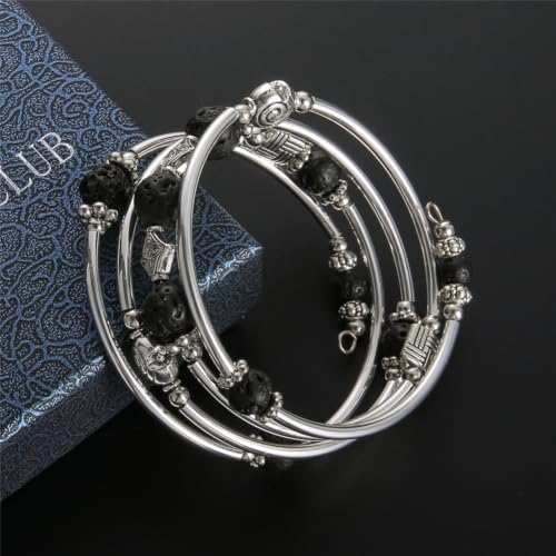 Beaded Pearl Bangle Wrap Bracelet - Fashion Bohemian Jewelry Multilayer Charm Bracelet with Thick Silver Metal Beads, Gift For Women - color: Lava Bracelet
