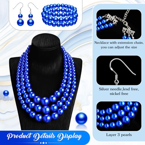 Haysandy Pearl Jewelry Set for Women 20s Jewelry Gift | Retro Layered Necklace Bracelet Earring, Costume Accessories for Derby Wedding Prom Party, Dress Matching Occasions - color: Royal Blue