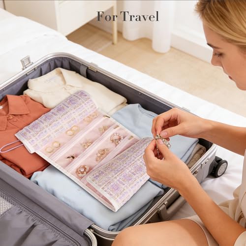 Abiudeng Tweed Travel Jewelry Organizer Roll with 20 Compartments - Rhinestone Button, Anti-Tarnish & Tangle-Free Necklace Storage Bag, Velvet Lined Scratch Protection Case for Women - Purple - color: Purple